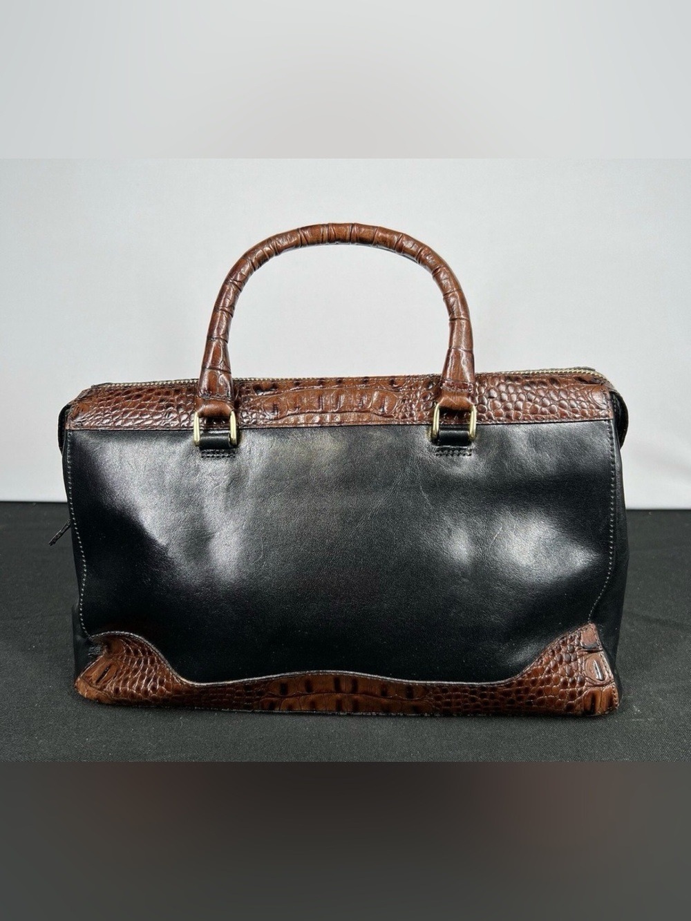 Brahmin Black and Brown Leather croc embossed top handle Handbag